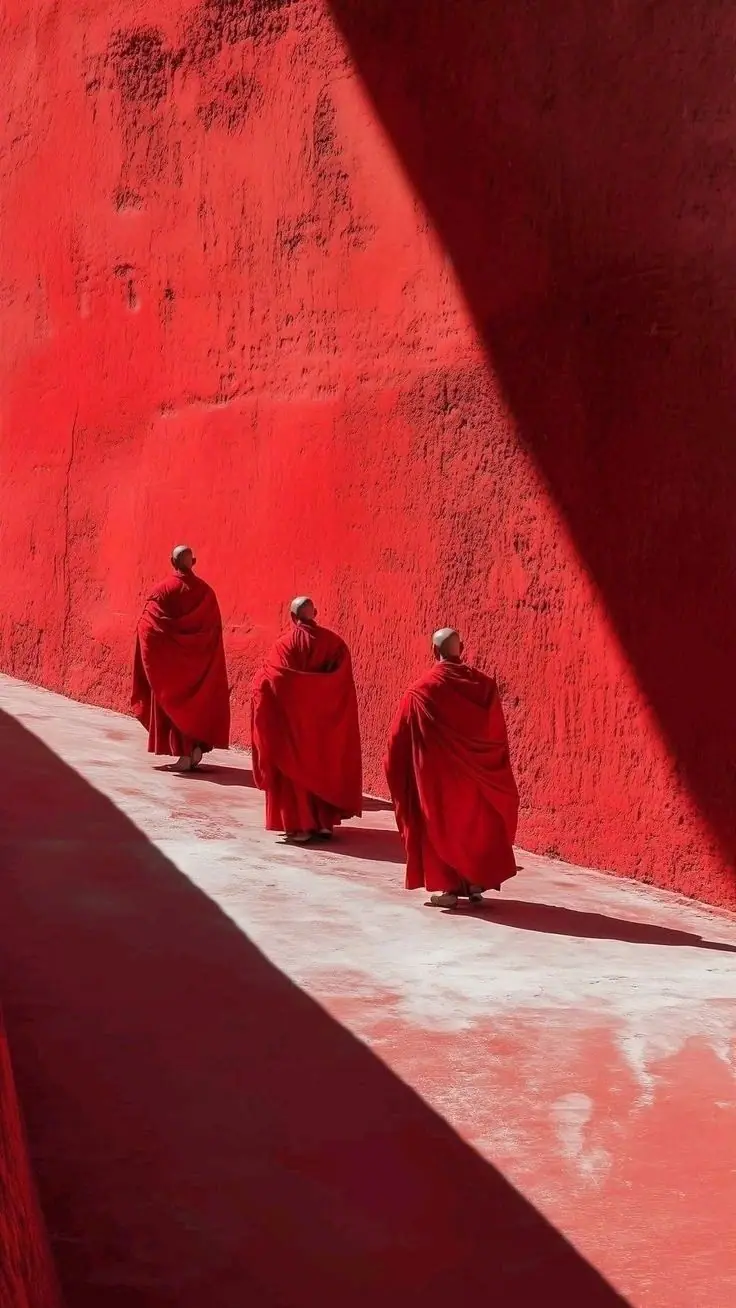 พระสามรูปในจีวรสีส้ม เดินเลียบกำแพงวัดสีแดง