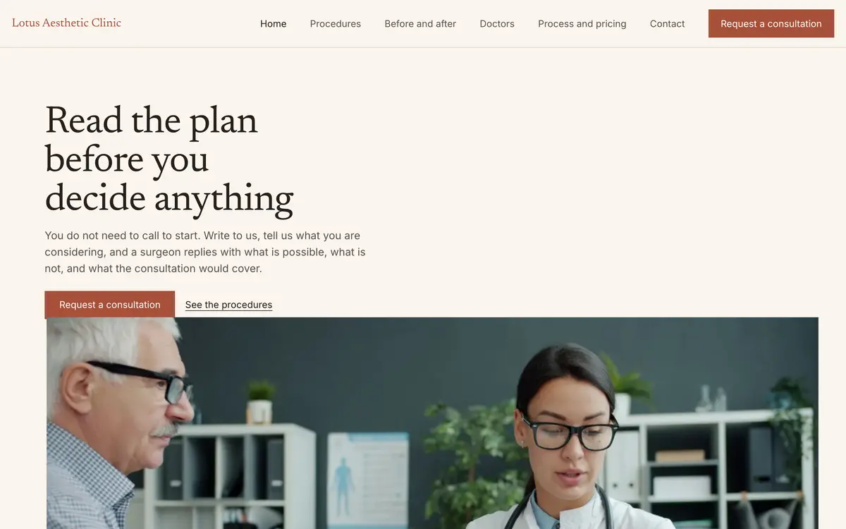 Lotus Aesthetic Clinic, the first screen of the website