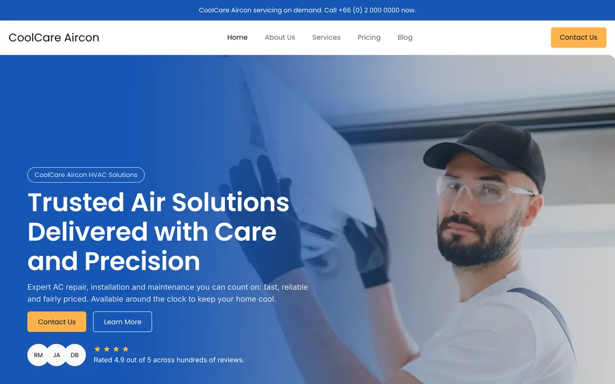 CoolCare Aircon, the first screen of the website