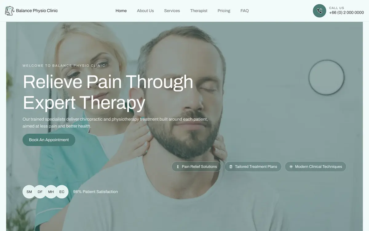 Balance Physio Clinic, the first screen of the website
