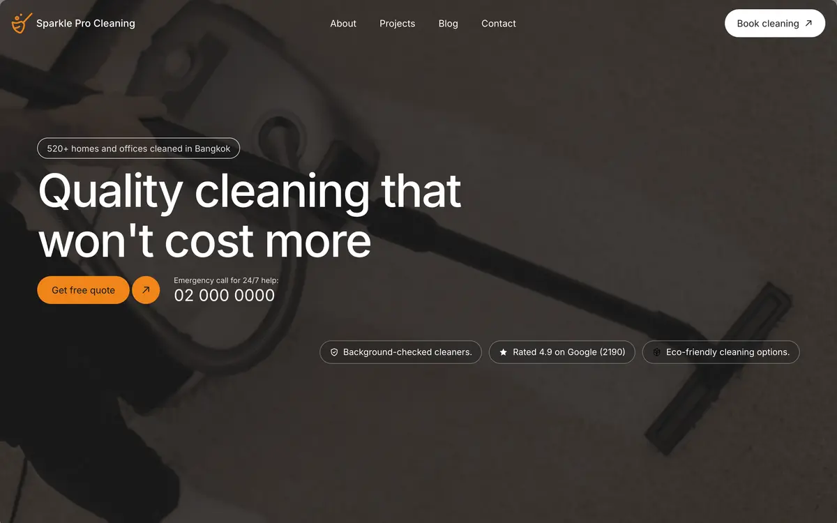 Sparkle Pro Cleaning, the first screen of the website