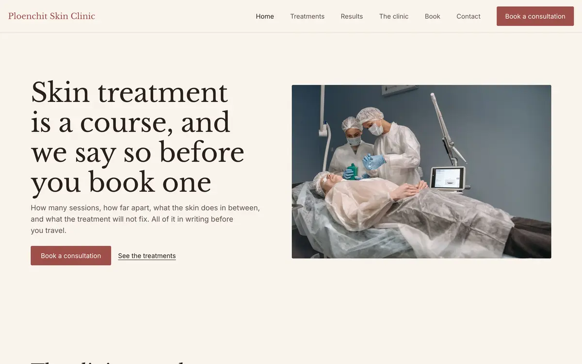 Ploenchit Skin Clinic, the first screen of the website
