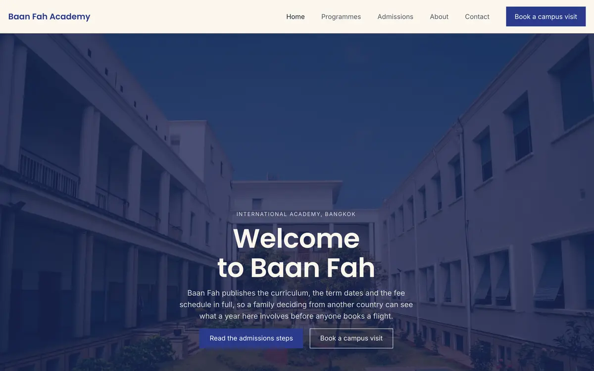 Baan Fah Academy, the first screen of the website