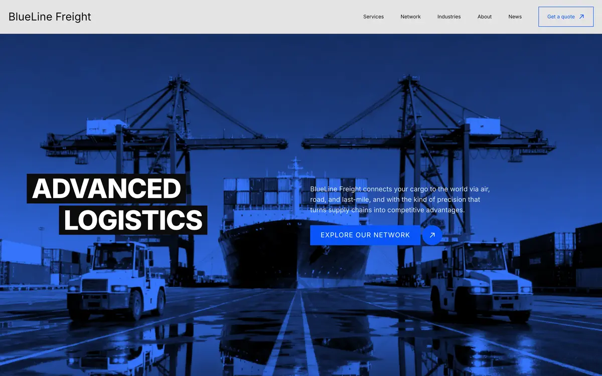 BlueLine Freight, the first screen of the website