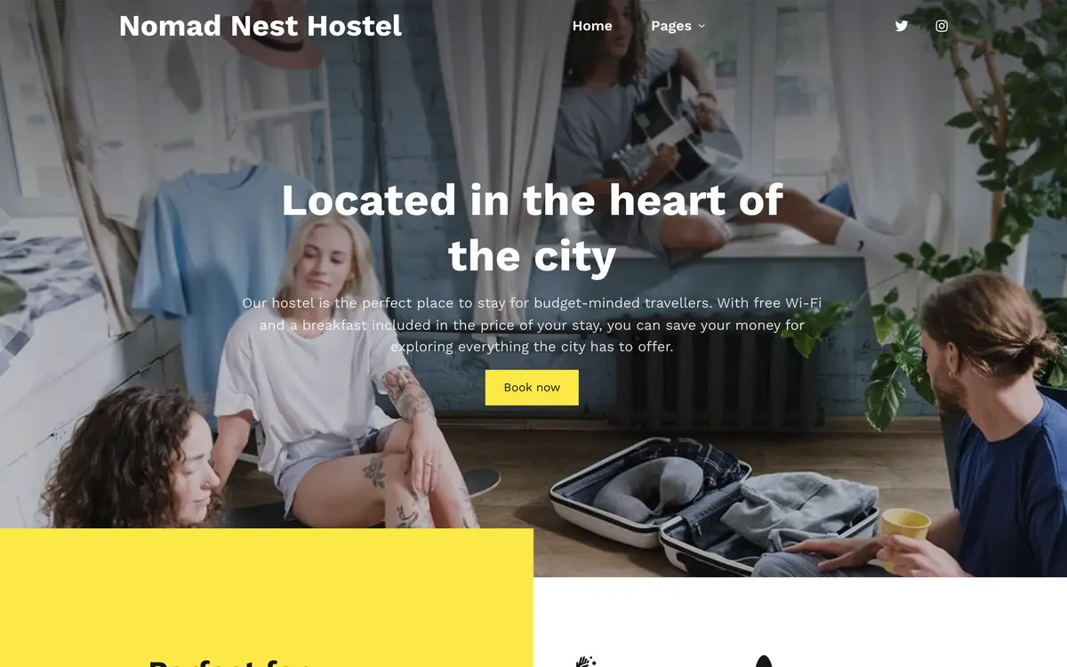 Nomad Nest Hostel, the first screen of the website