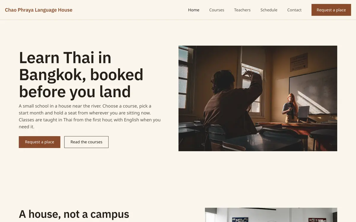 Chao Phraya Language House, the first screen of the website