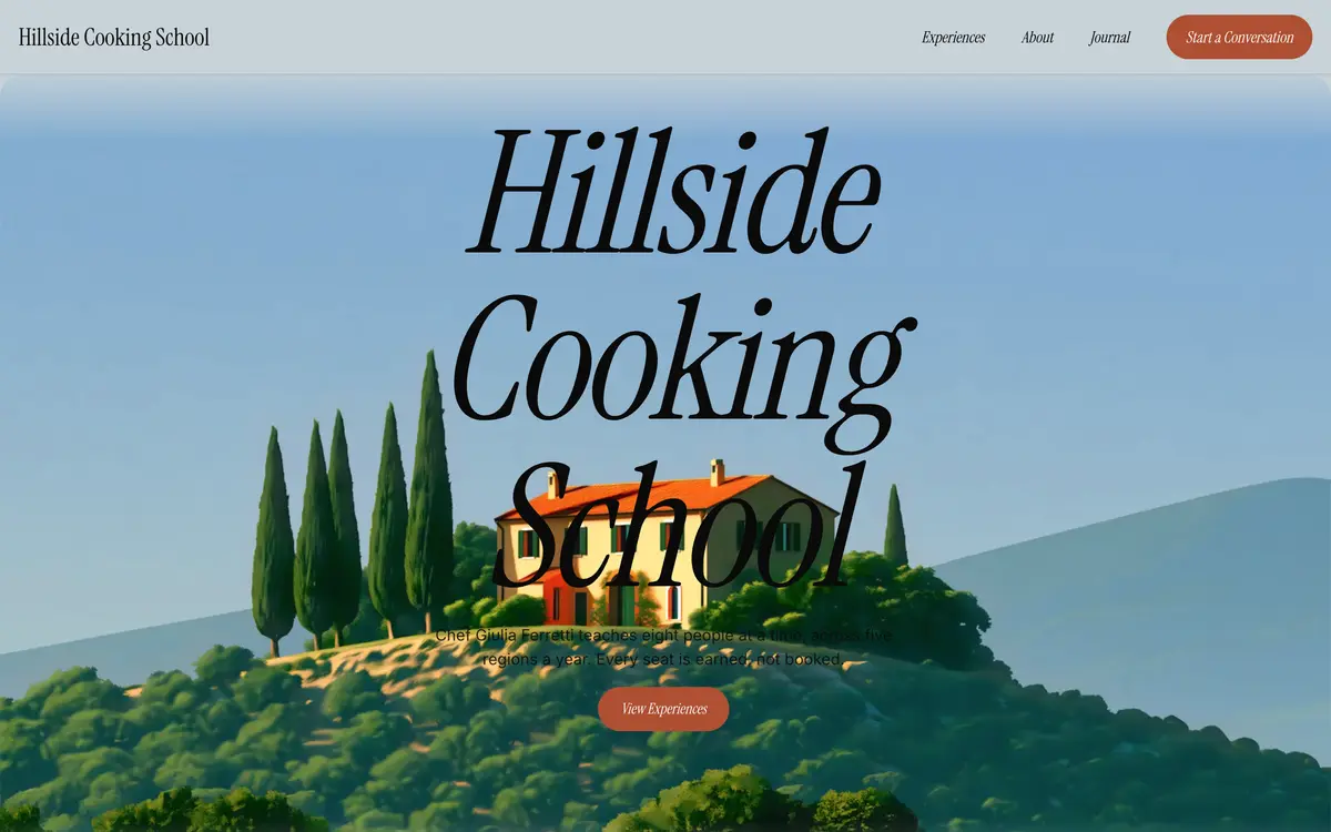 Hillside Cooking School, the first screen of the website