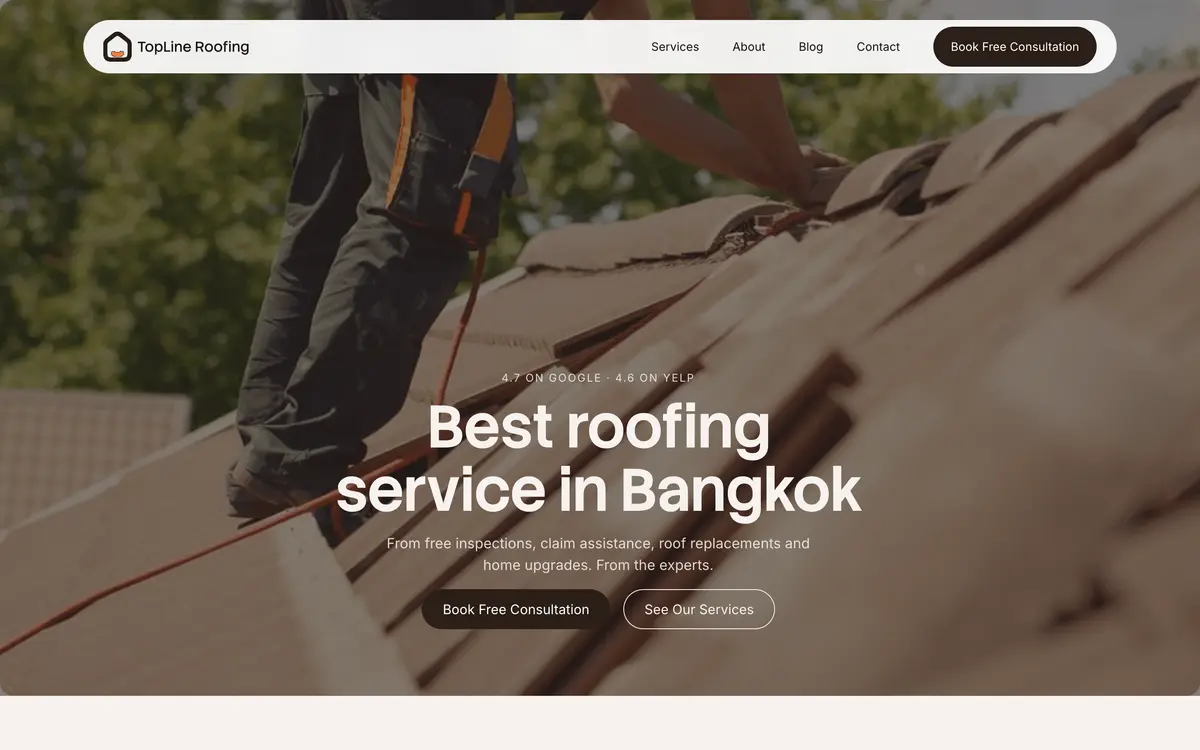 TopLine Roofing, the first screen of the website