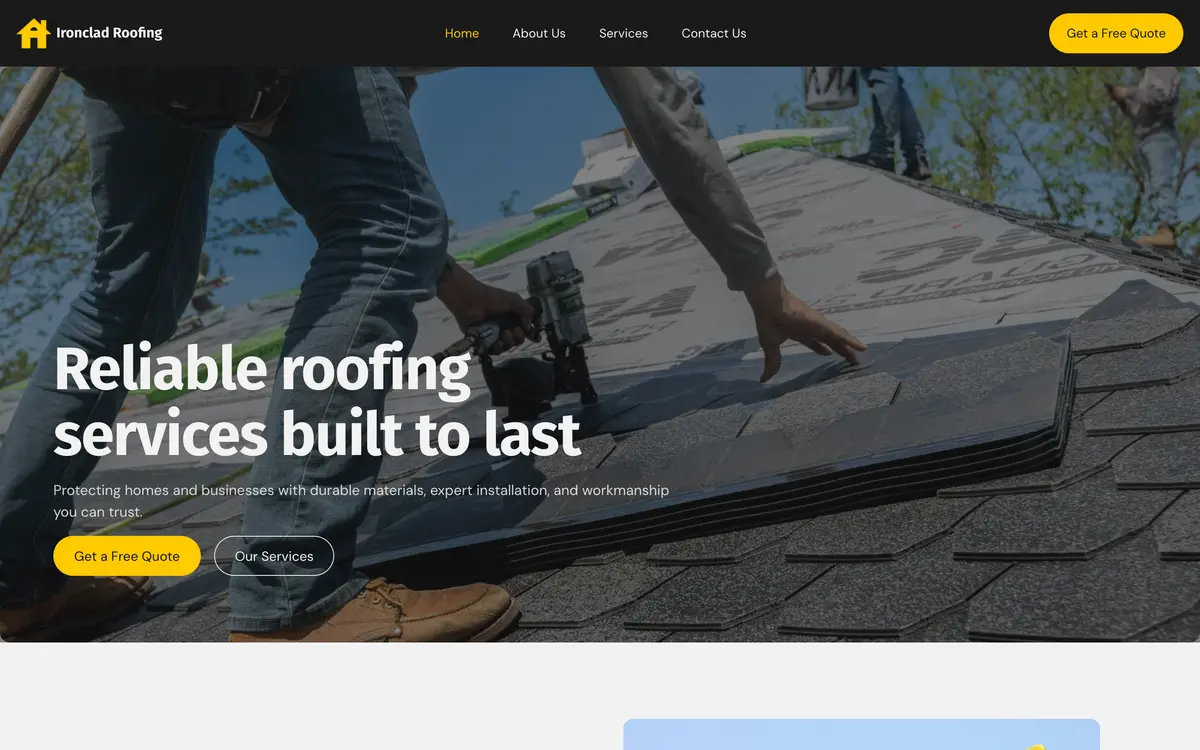 Ironclad Roofing, the first screen of the website