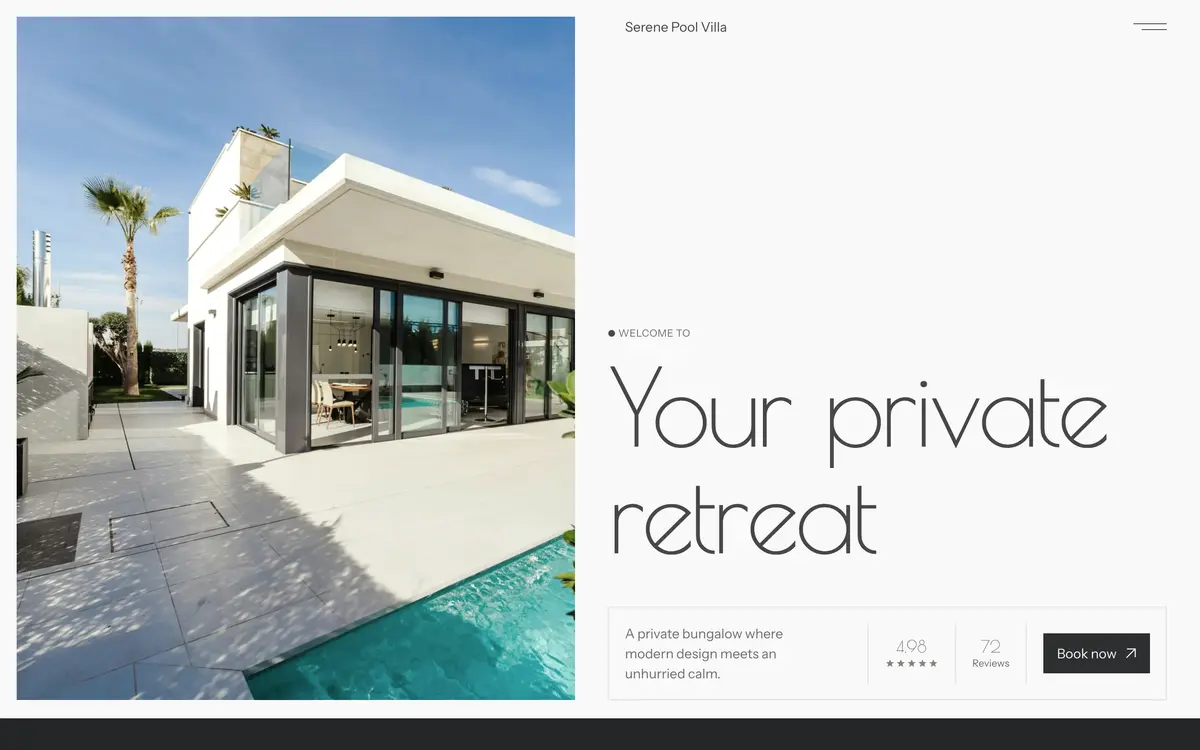 Serene Pool Villa, the first screen of the website