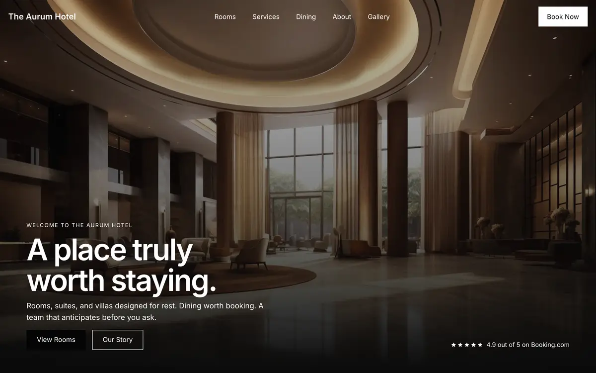 The Aurum Hotel, the first screen of the website