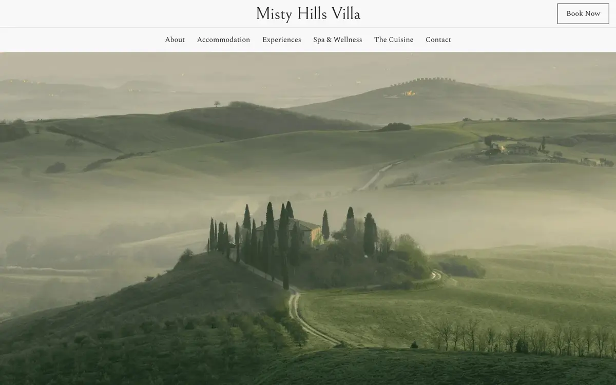 Misty Hills Villa, the first screen of the website