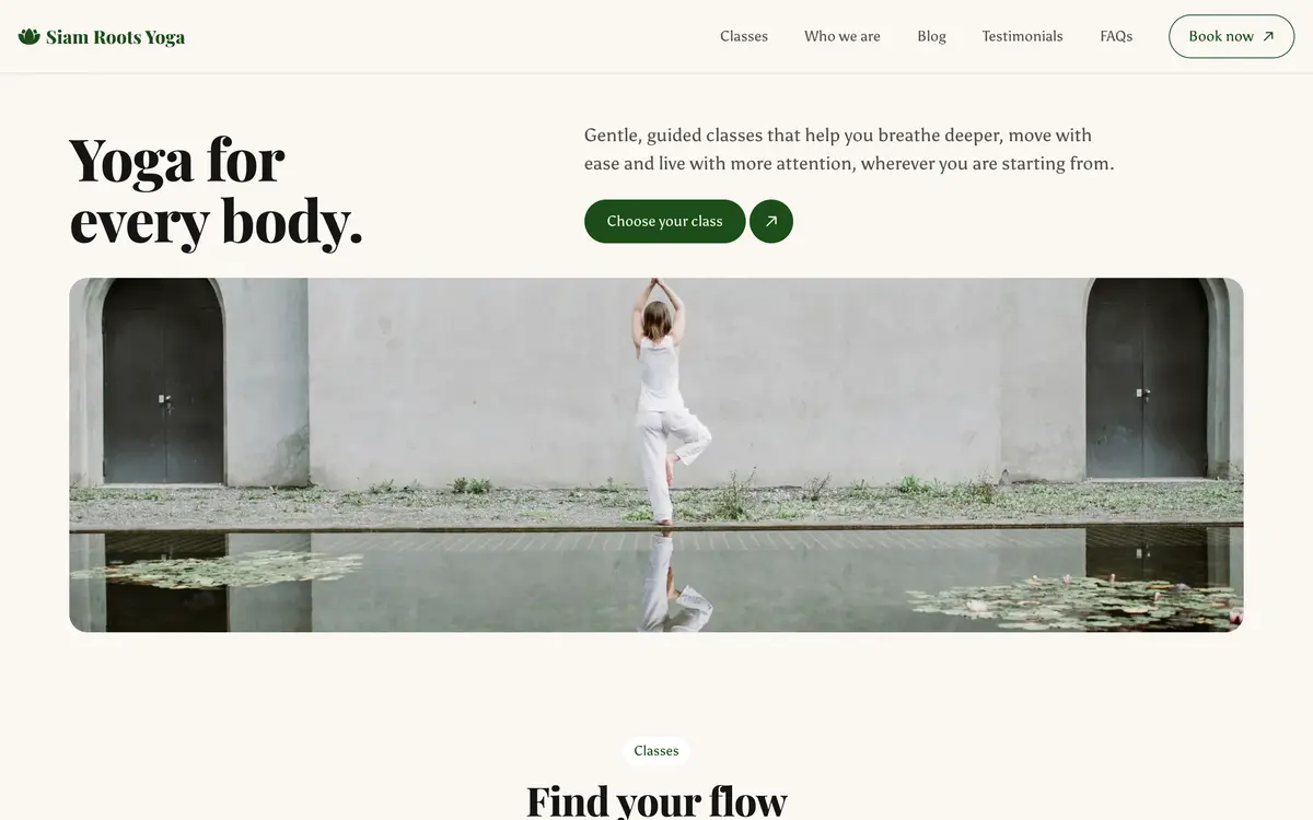 Siam Roots Yoga, the first screen of the website