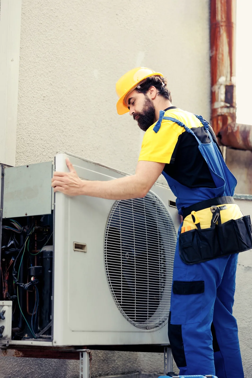 A technician in a yellow helmet lifting an outdoor unit.
