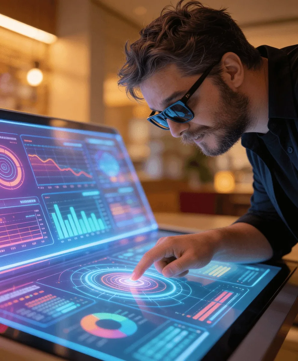 A person at a laptop showing charts.