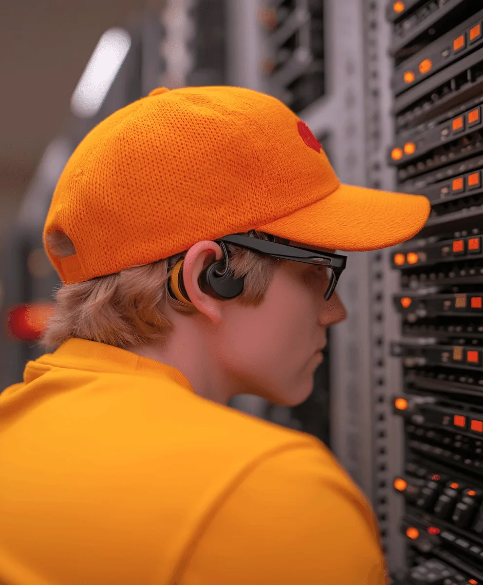 A technician in an orange cap at a server rack.