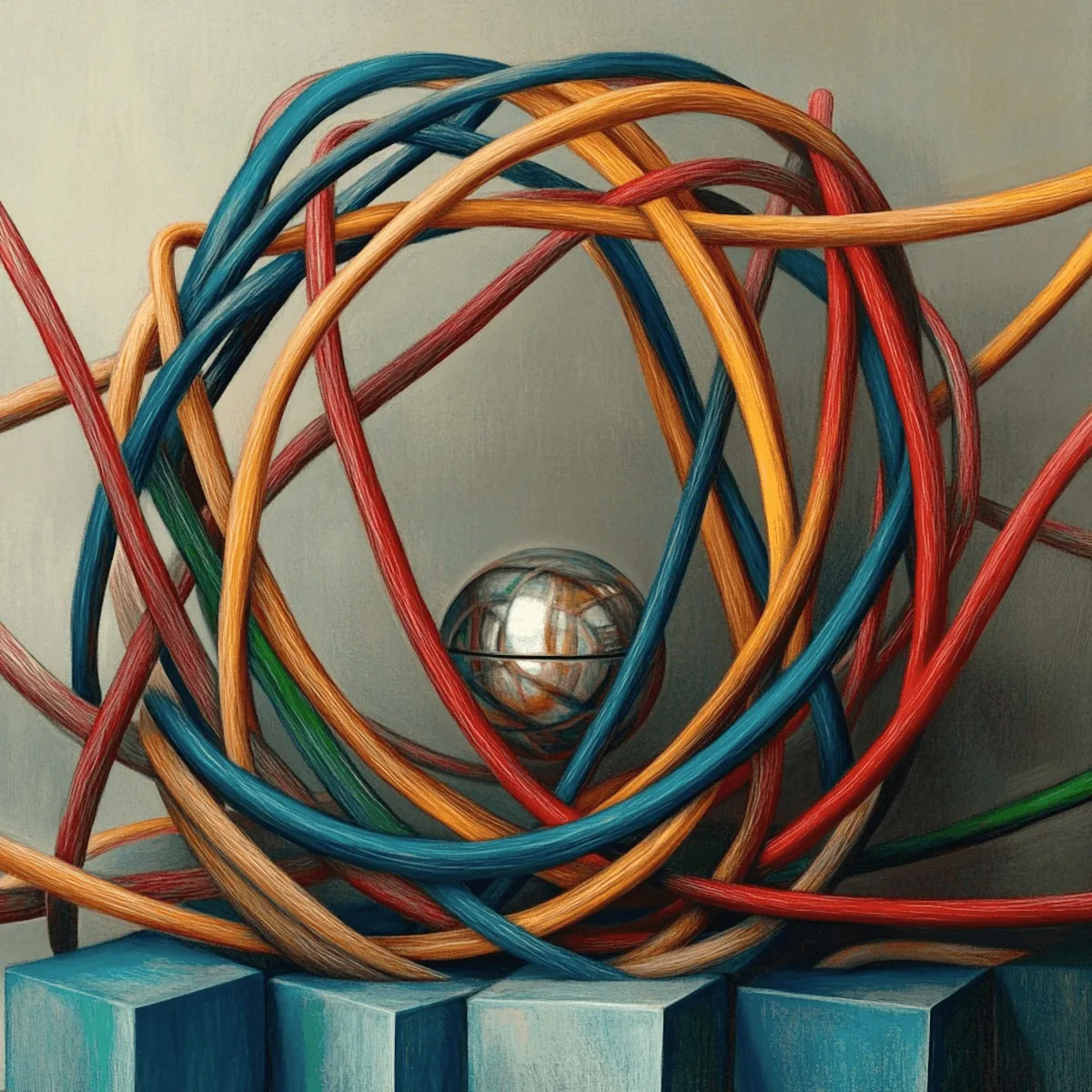 A knot of coloured cables around a steel ball.