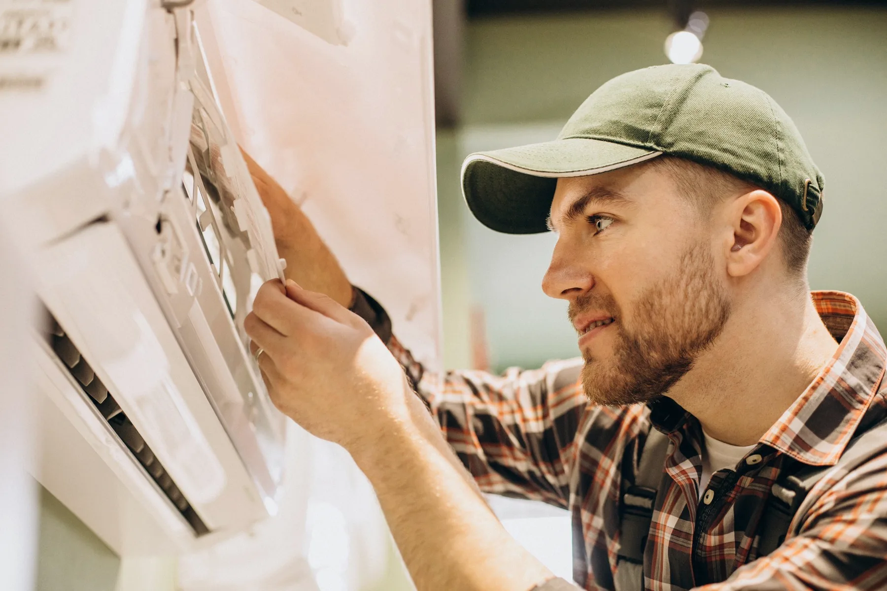 A technician in a green cap fixing a wall unit.