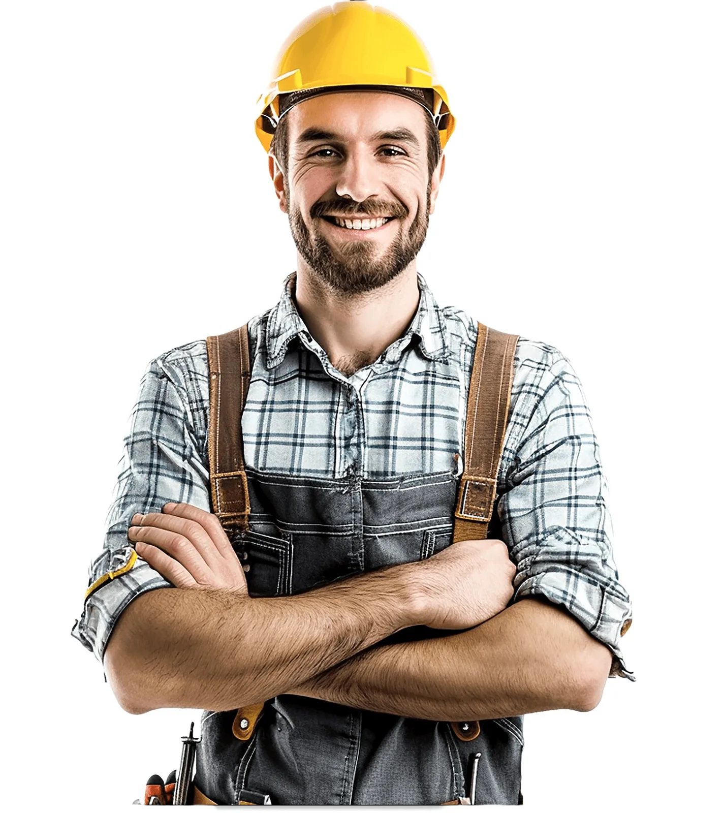A man in a white helmet and overalls, arms crossed.