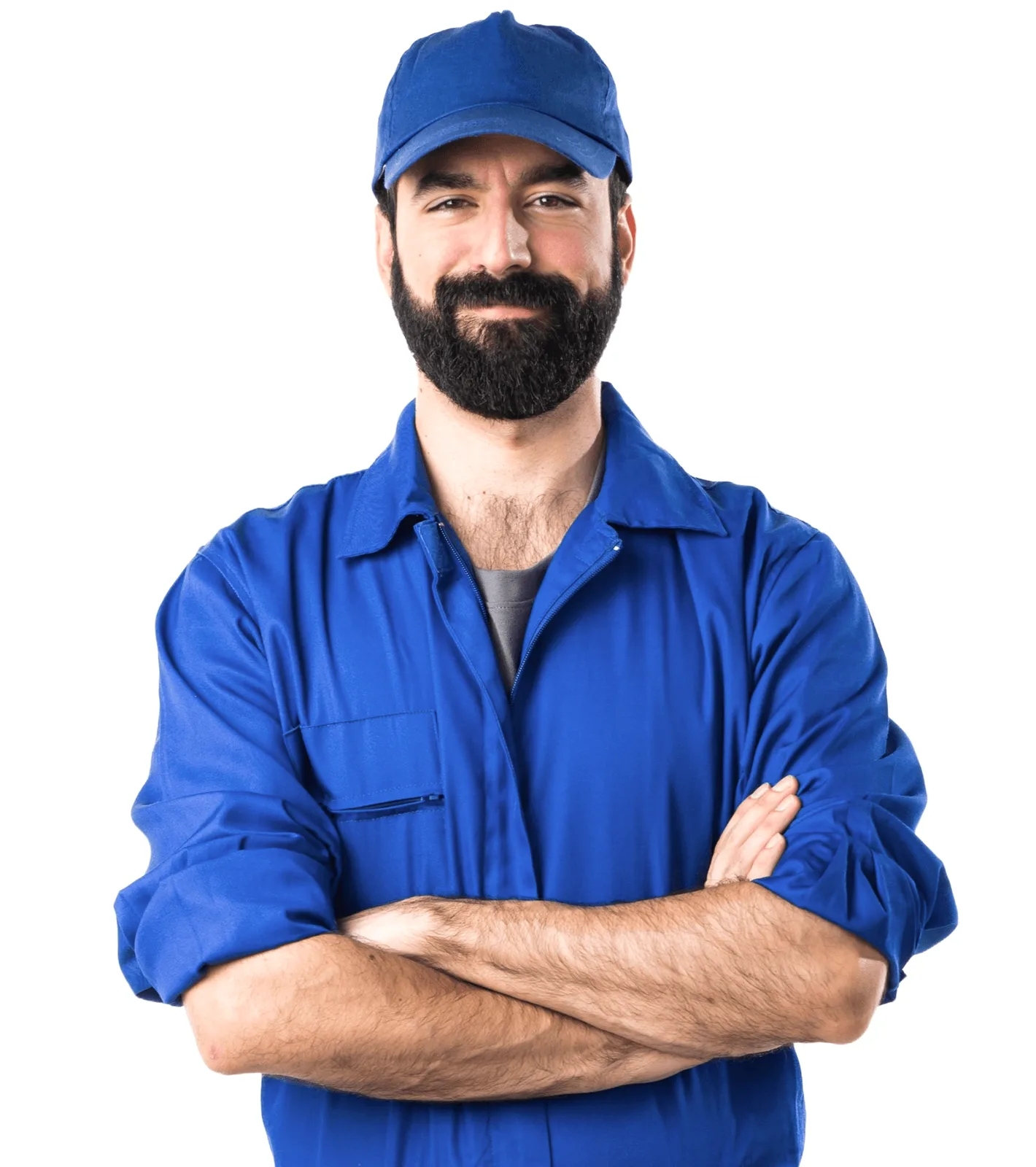 A man in a blue work shirt, arms crossed.