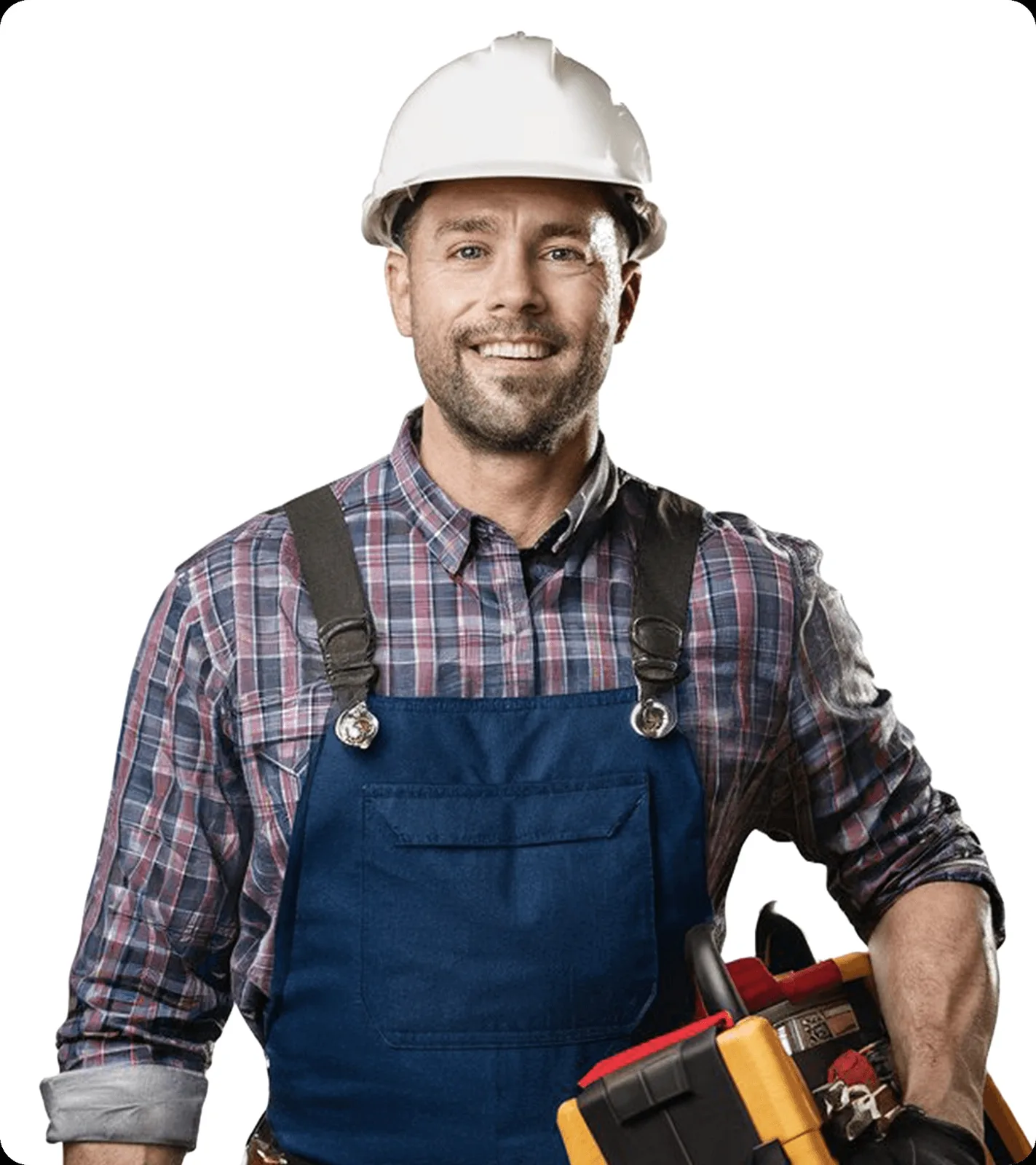 A man in a yellow helmet and checked shirt, arms crossed.