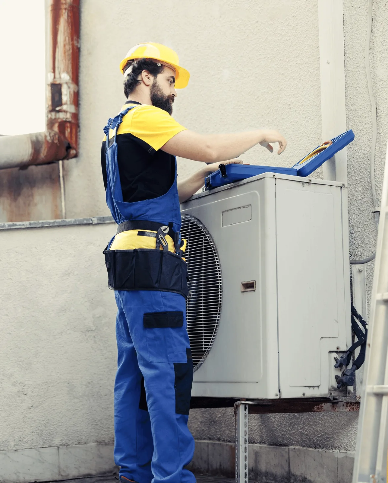A technician in a yellow helmet opening an outdoor unit.