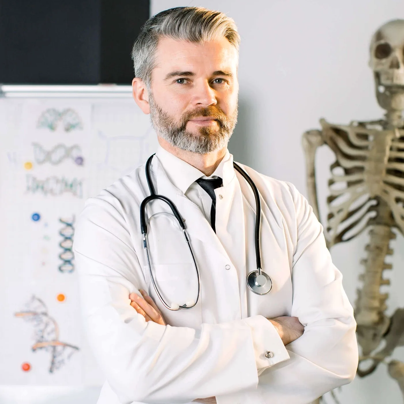 A grey-bearded man in a white coat, arms crossed.