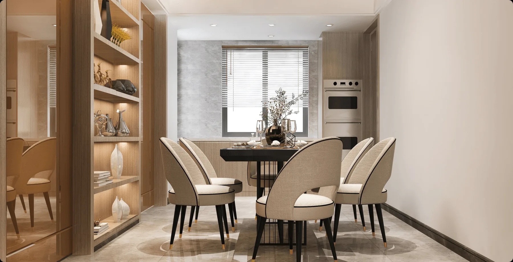 A dining room with cream chairs and a wooden shelf.