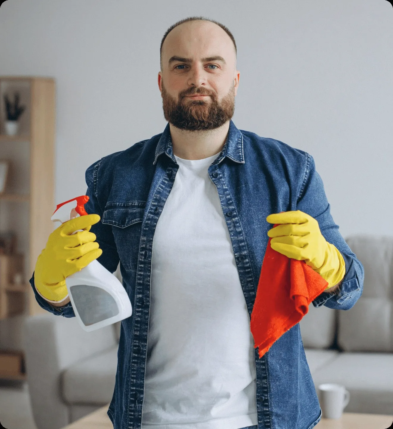 A cleaner in a denim shirt holding a spray and a cloth.