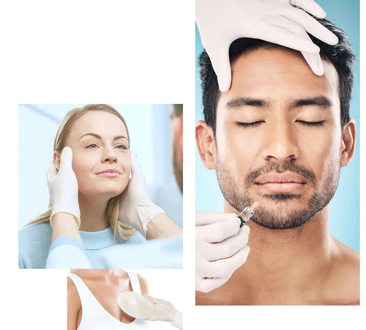 Three treatment photographs: a face held by gloved hands, a man's face under a fine tool, an implant beside a white top.