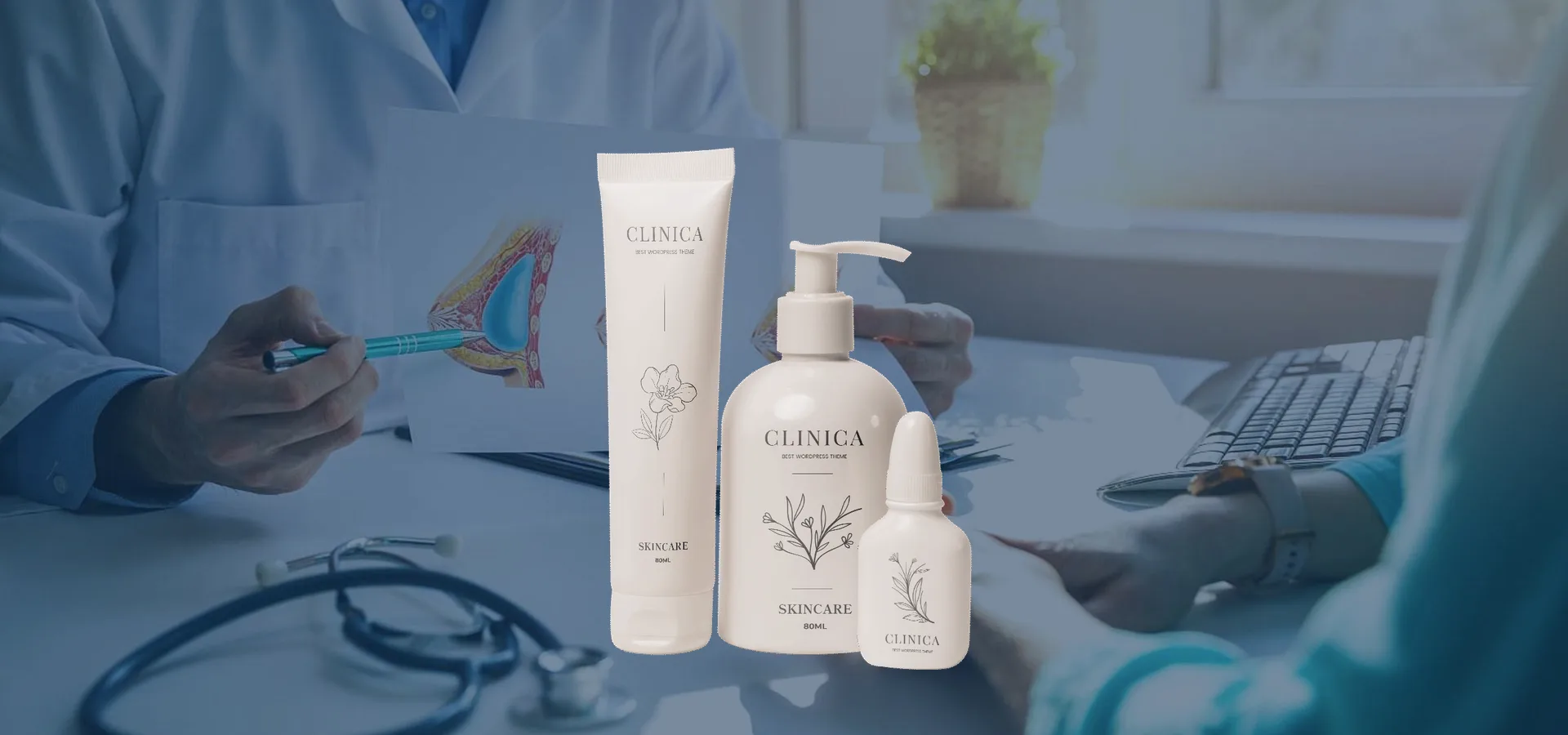 Three white skincare bottles over a consultation desk under a navy tint.