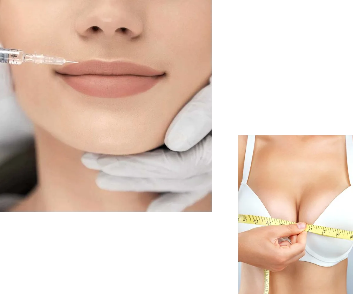 Lips beside a fine syringe, and a tape measure around a white bra.