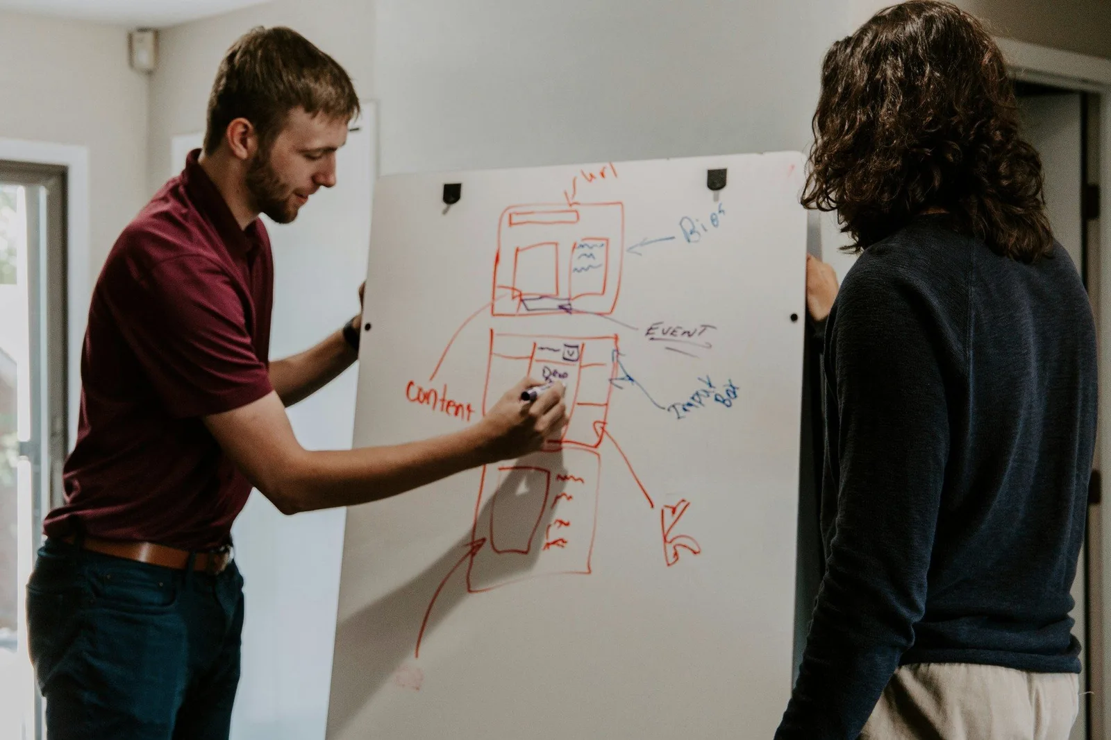 Two people sketching a plan on a whiteboard.