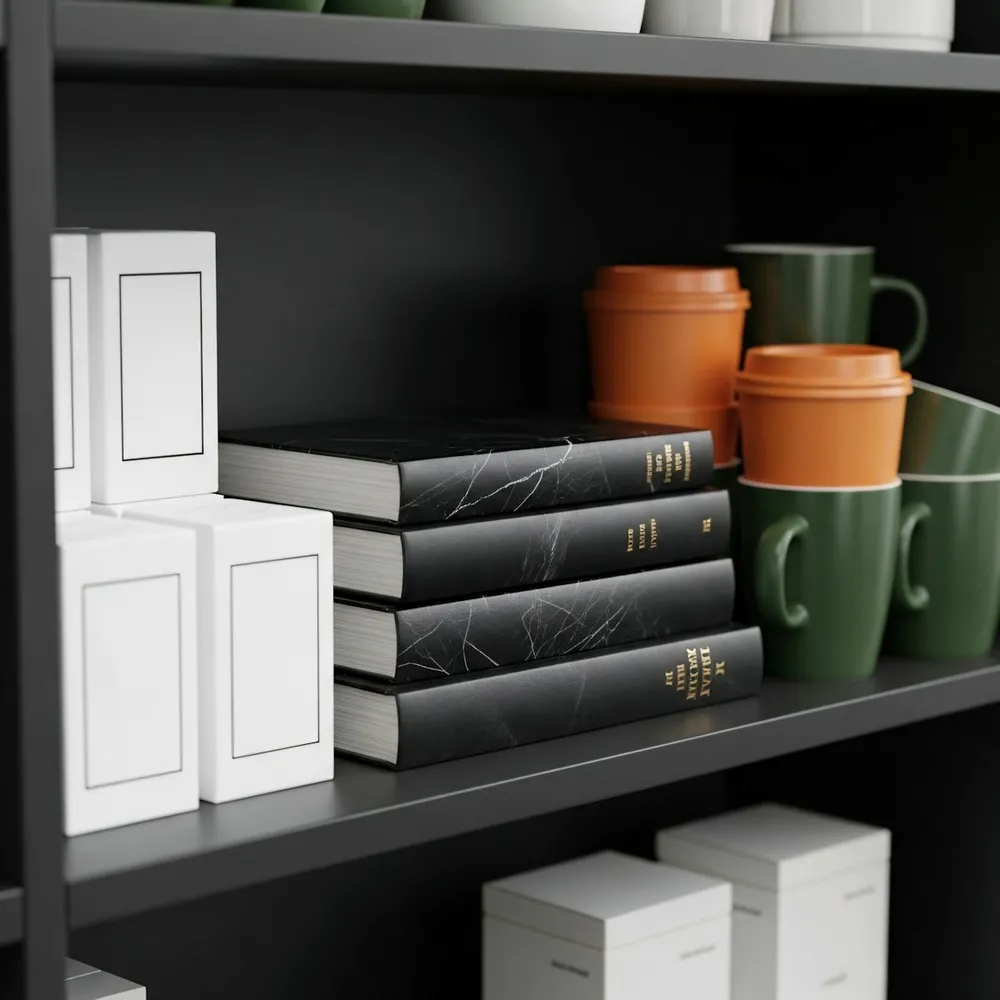 Shelves with jars, books and boxes.