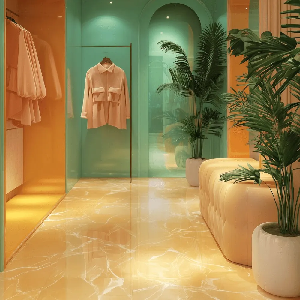 A green interior with a hanging garment.