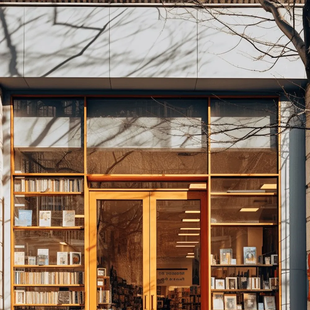 A bookshop front at night.