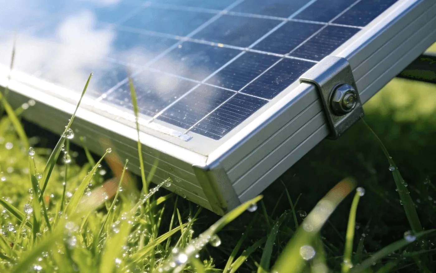 A solar panel in wet grass.