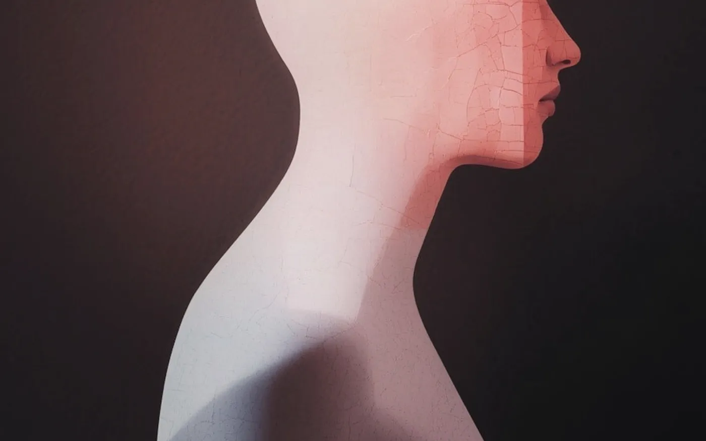 A head in profile under a pink glow.