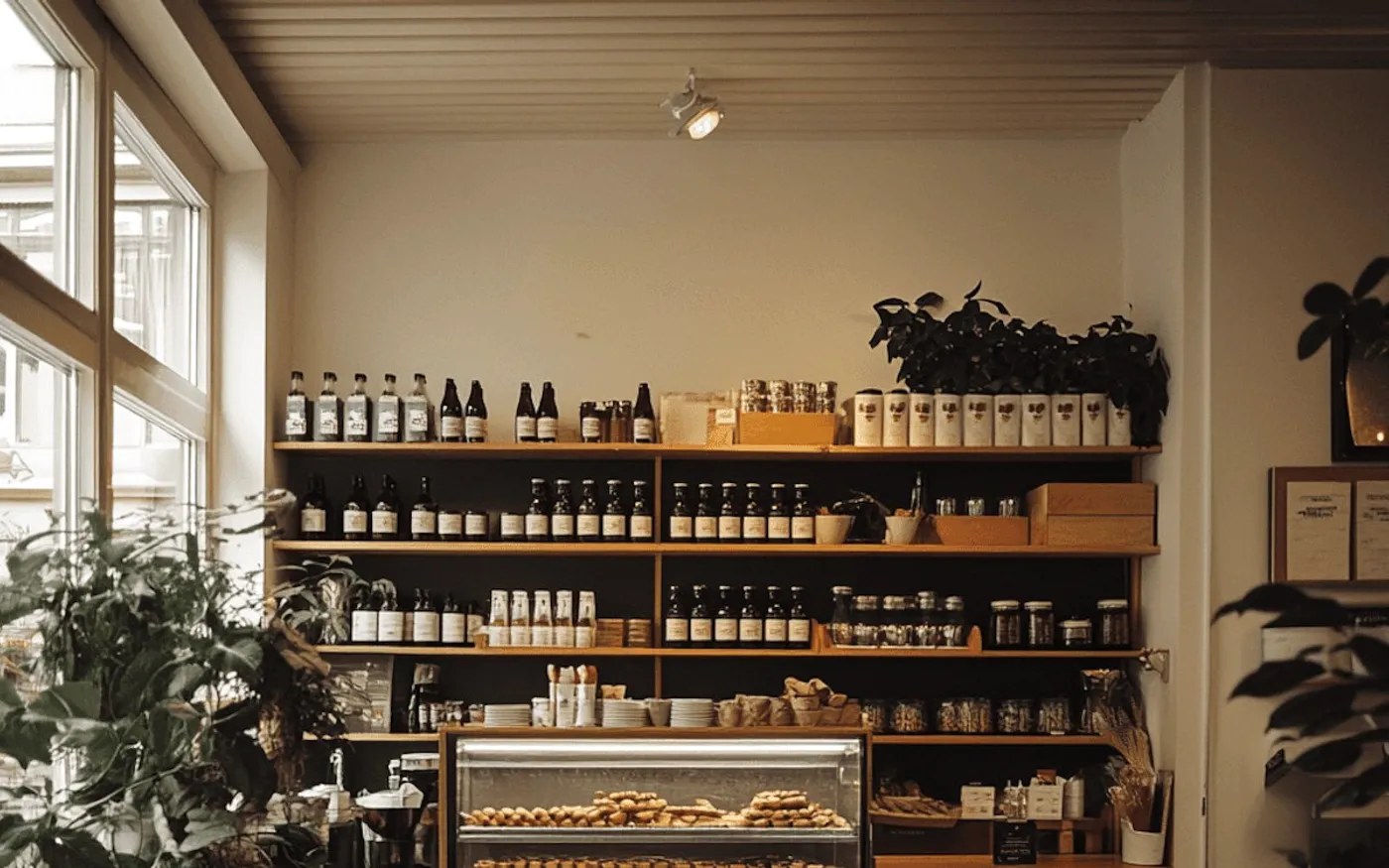 A cafe counter with shelves of jars.
