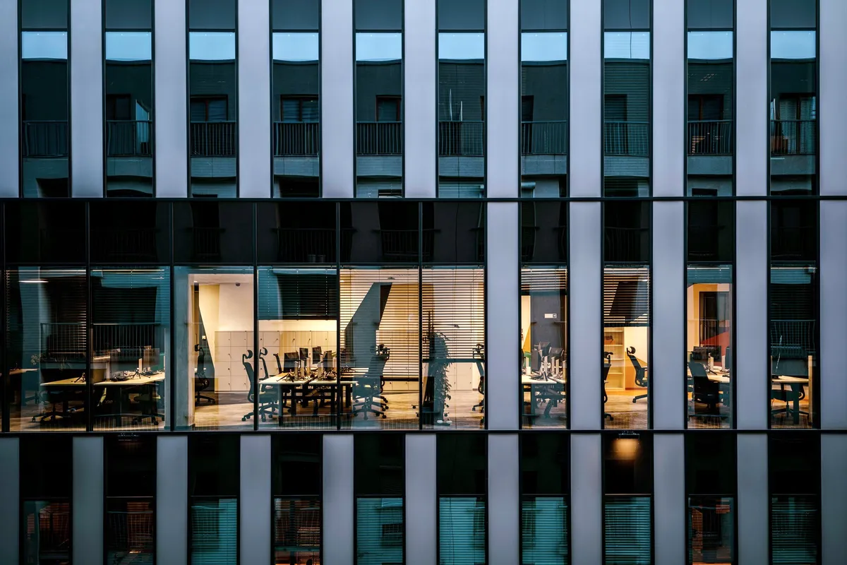 A glass office building.