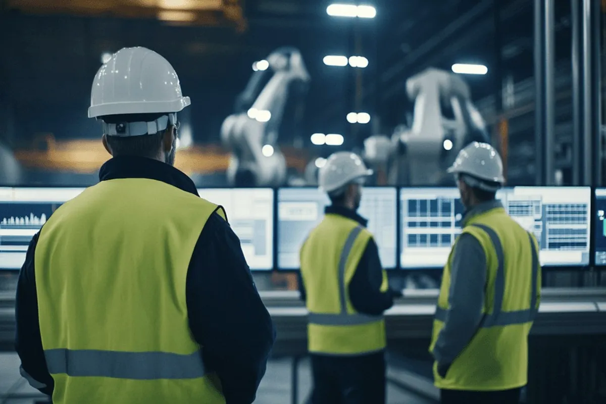 Workers in helmets and hi-vis before screens.