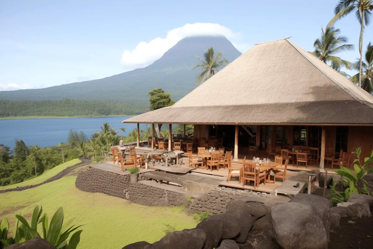 A resort terrace by a lake and a volcano.