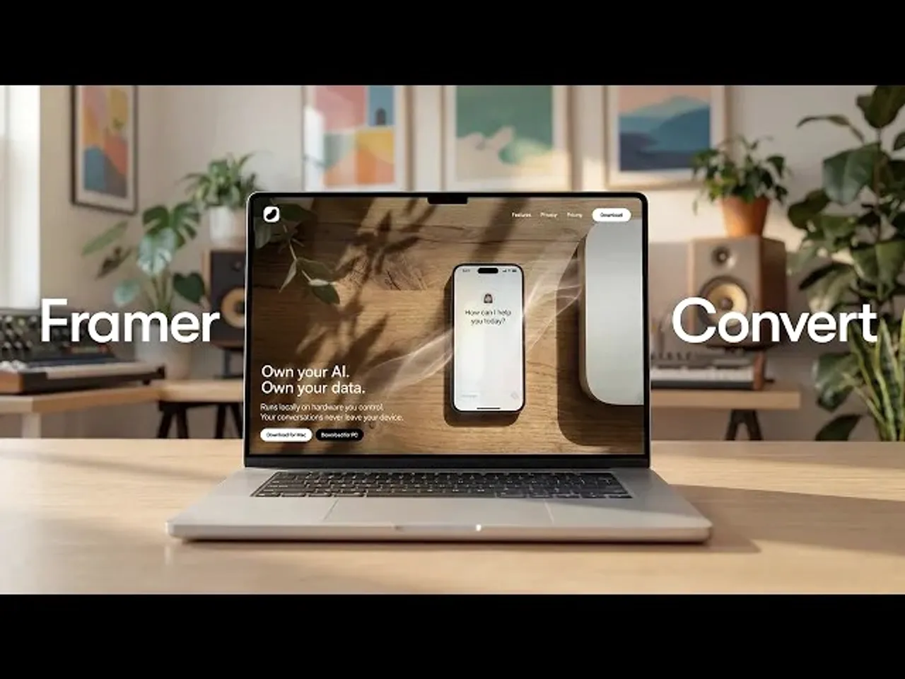 A laptop on a desk showing a website, plants behind it.