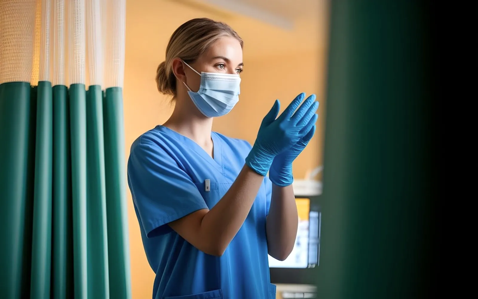 A nurse in blue gloves by green curtains.