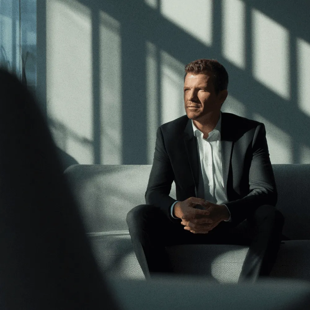 A man in a black jacket seated by a window.