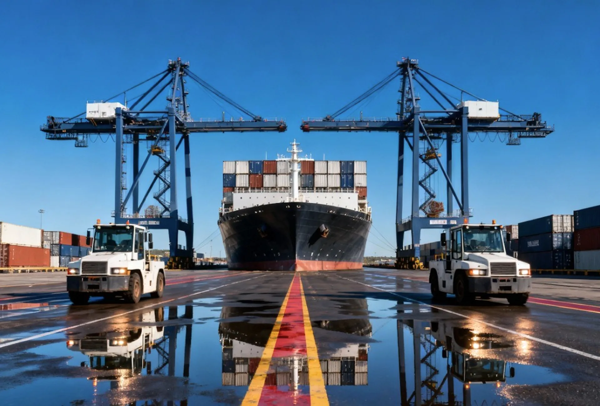 Container cranes over a wet quay, a ship between them.