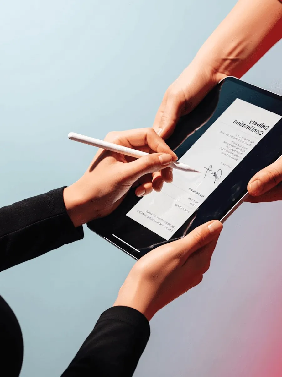 Hands signing a delivery confirmation on a tablet.