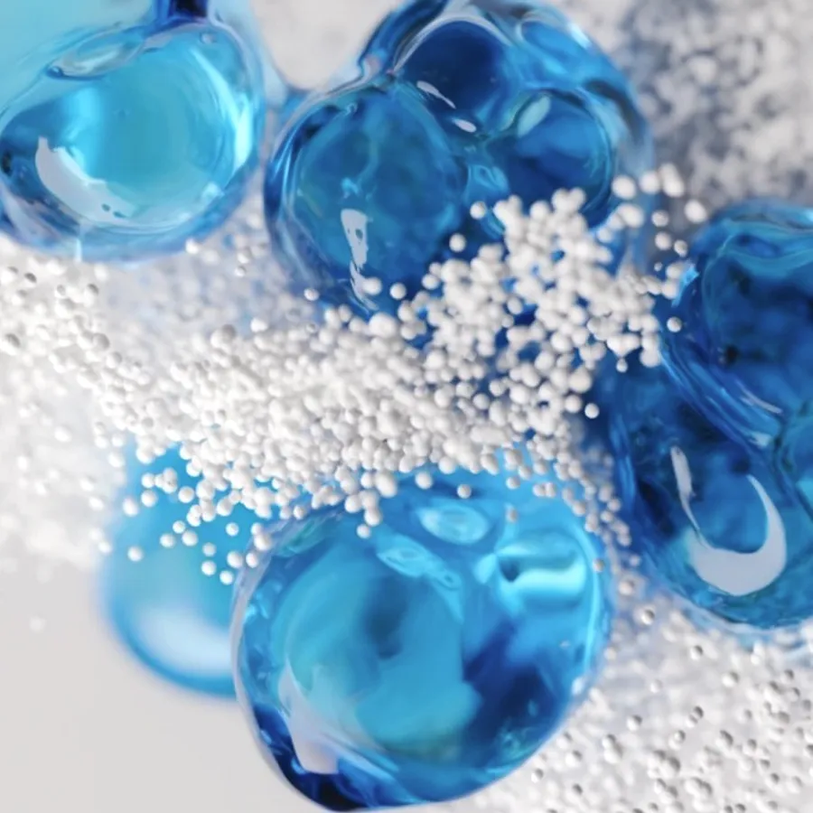 Blue gel spheres among white beads.