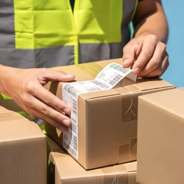 Hands labelling a parcel.
