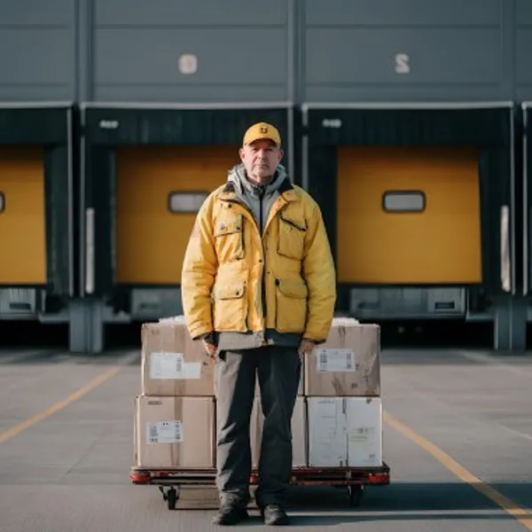 A worker in a yellow jacket at a loading dock.